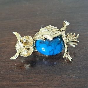 GERRY'S Vintage Owl Brooch/Pin Goldtone and Faux Turquoise